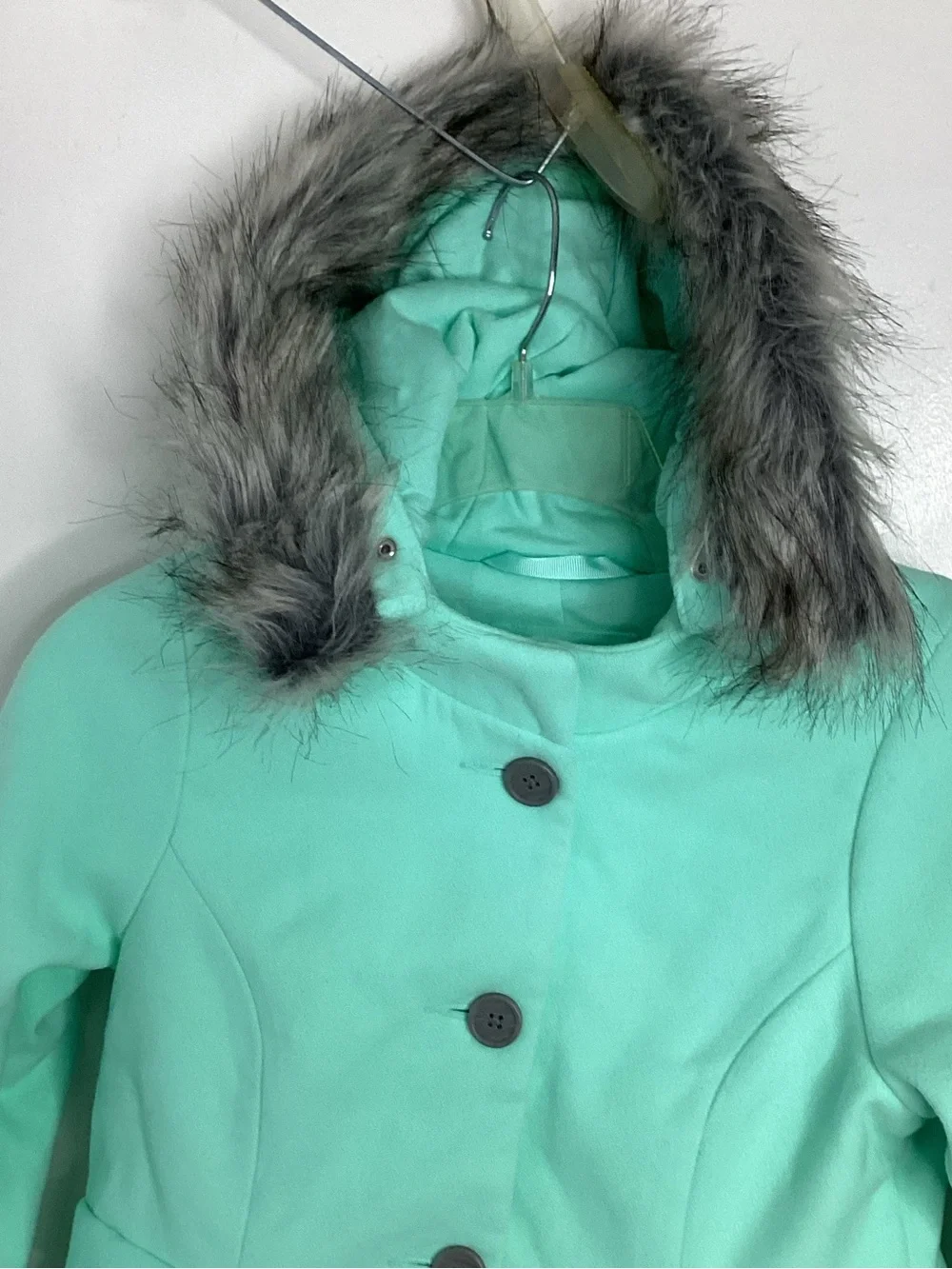 Cat & Jack Mint Green Hooded Pea Coat with Faux Fur Trim L 10/12